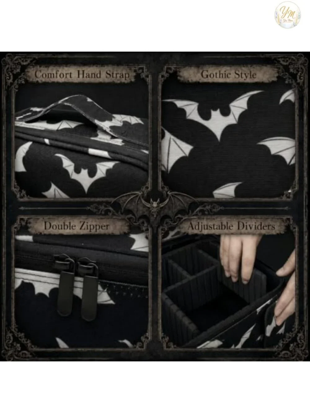 Gothic Makeup Bag Organizer with Bat Design, Adjustable Dividers, Waterproof